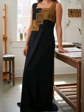 Vtg Nina Piccalino Patchwork Black Camel Leaf maxi dress Size 10